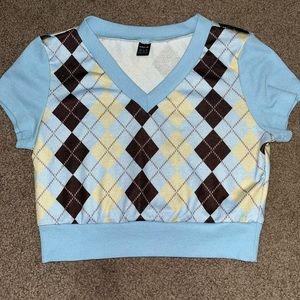 shein blue argyle crop top xs